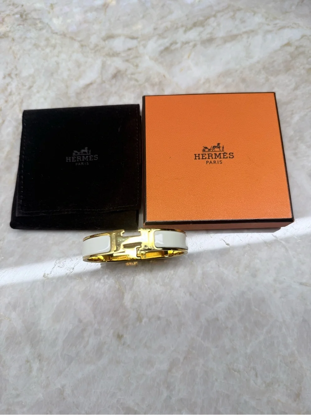 Clic H Narrow Enamel Bangle Bracelet off white and  Gold Hermes Authentic